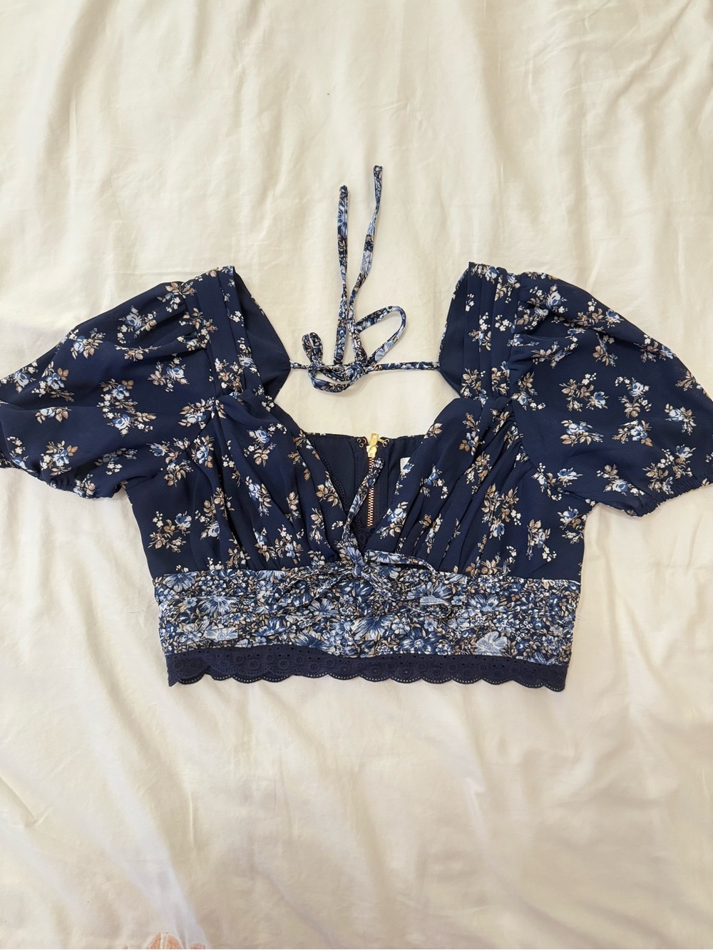 Altar'd State Navy Floral Puff-Sleeve Crop